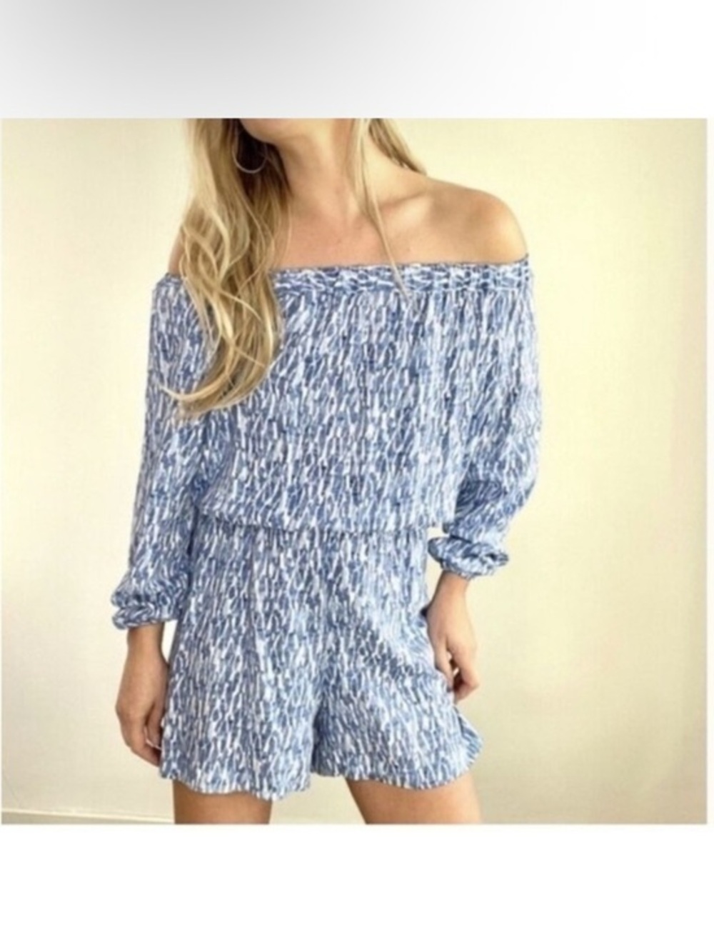 MICHAEL Michael Kors Romper Off The Shoulder Long Sleeve Blue and White Size 10